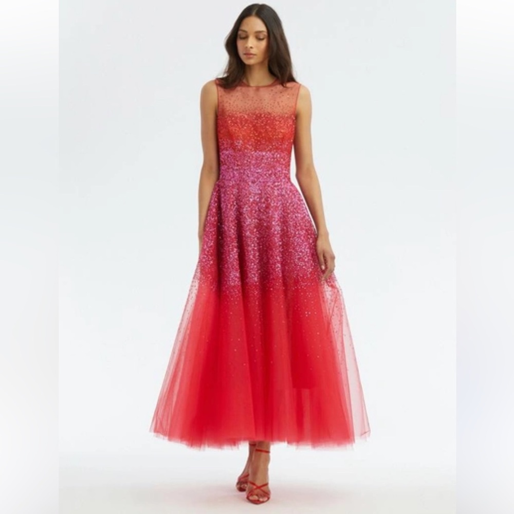 NWOT Oscar de la Renta Red and Pink Sequin Tulle Dress